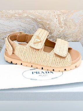 New! Prada Monolith Crochet Raffia Raffia Dual Buckle Slide Sandals